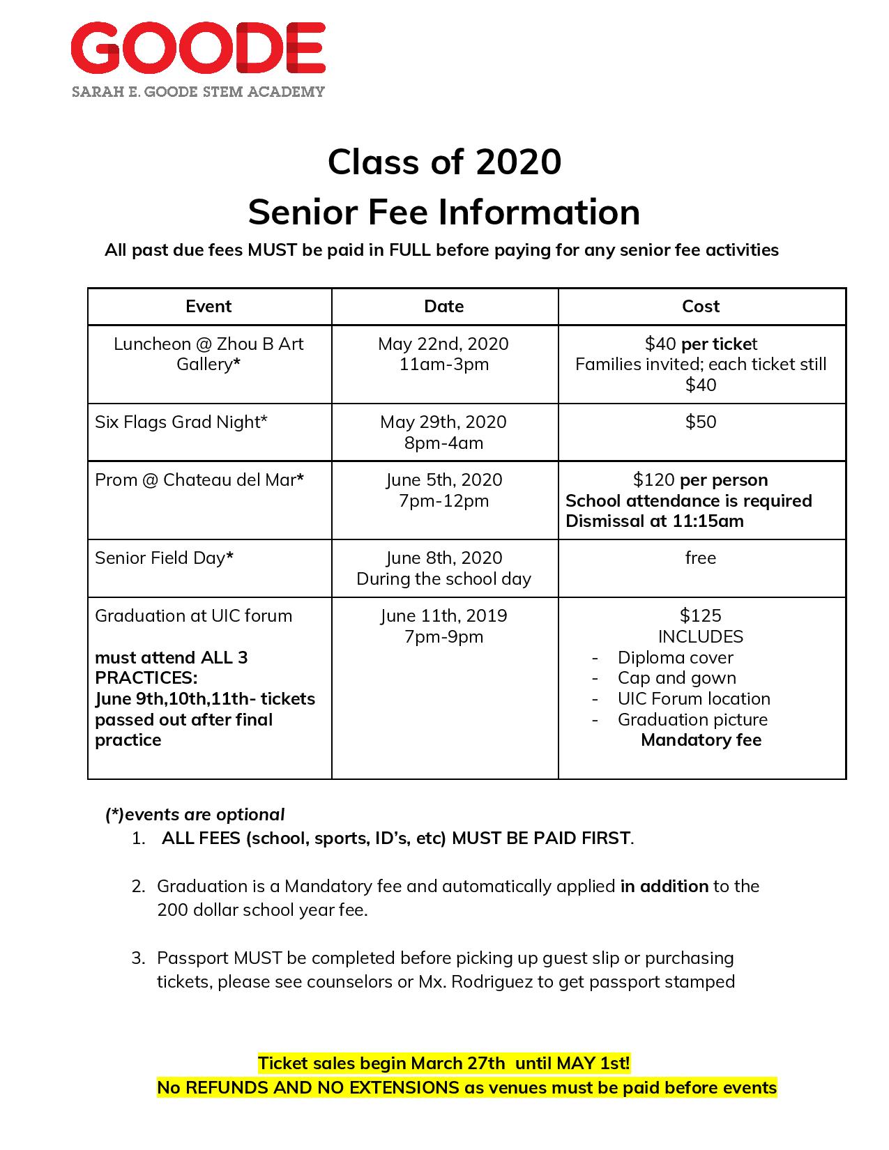 Class of 2020 Senior Fee Information