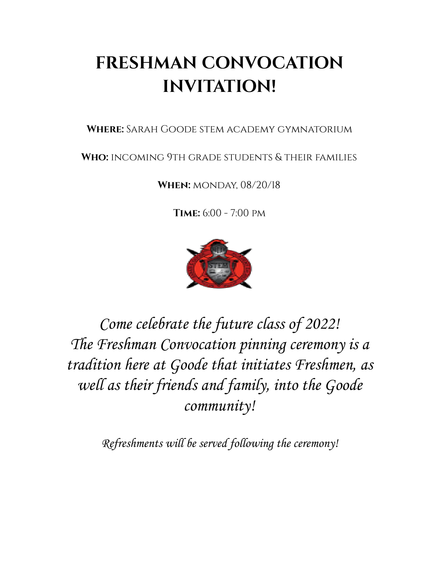 Freshman Convocation Invitation! August 20th - START TIME CHANGED TO 6PM